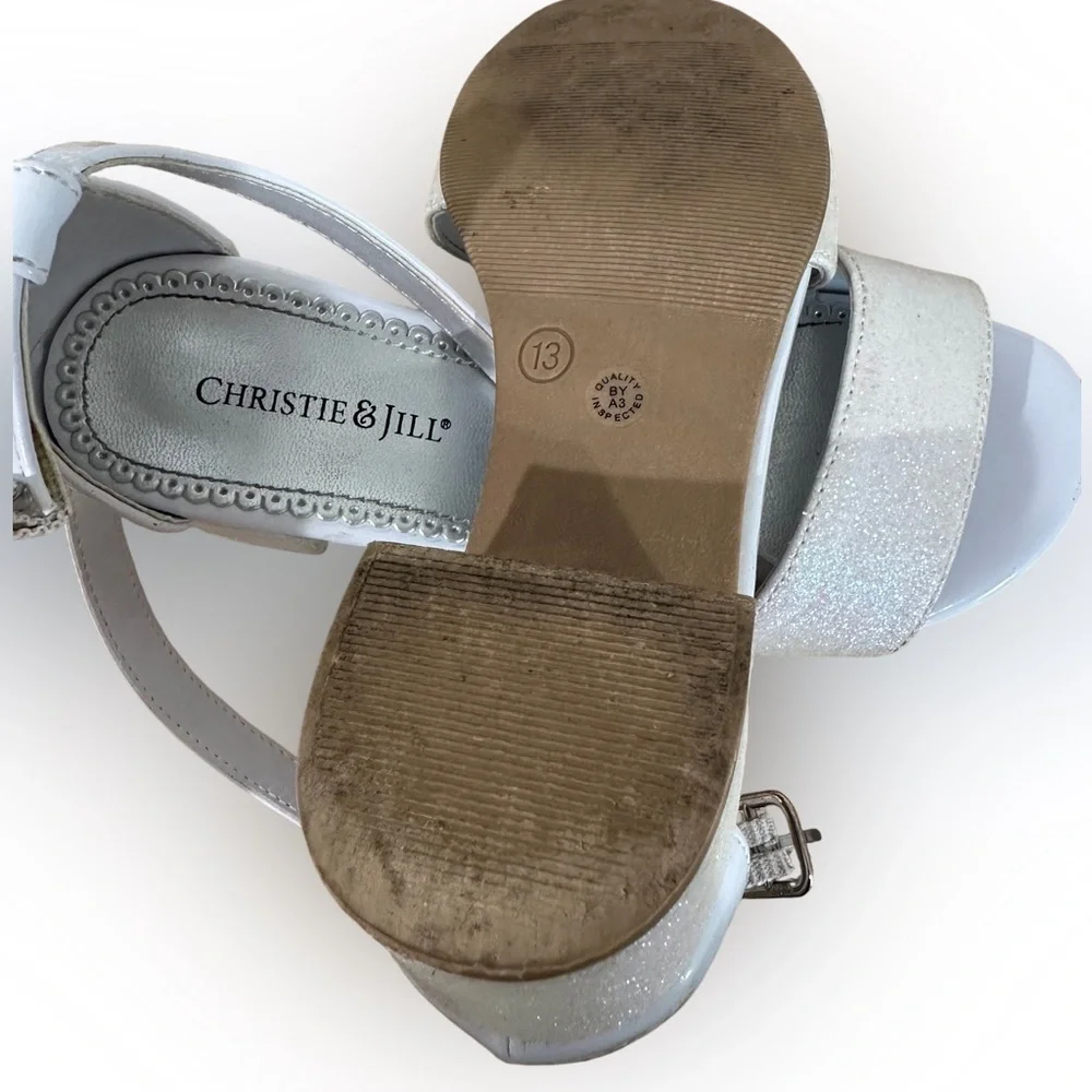 Christie & Jill Girls White Glitter Block Heel Sandals Size 13 Party Dress Shoes